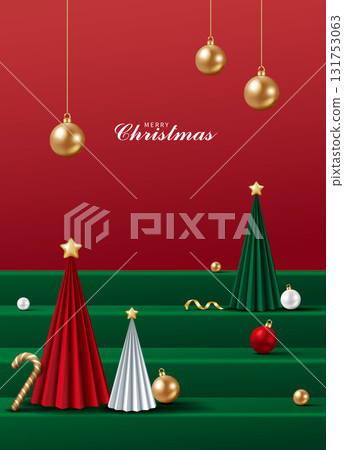 3D Christmas tree, Christmas decoration balls and stepped product display platform, Christmas vertical advertising poster flyer material picture 131753063