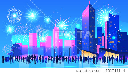 Crowd watching fireworks city skyline celebration night silhouettes colorful buildings glowing lights blue background urban festival Crowd watching fireworks city skyline celebration night silhouettes colorful buildings glowing lights blue background urban festival 131753144