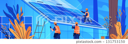 Solar panel installation renewable energy workers mounting rooftop photovoltaic cells building construction blue orange plants modern cityscape Solar panel installation renewable energy workers mounting rooftop photovoltaic cells building construction blue orange plants modern cityscape 131753150