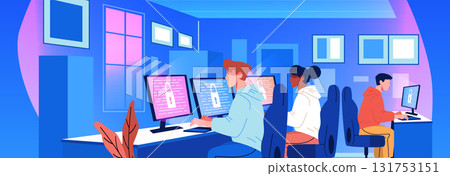 Office workers cybersecurity teamwork computer screens padlock icons modern workspace blue gradient background digital technology workplace 131753151