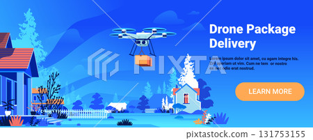 Drone package delivery flying over suburban neighborhood houses blue sky modern logistics technology concept banner 131753155