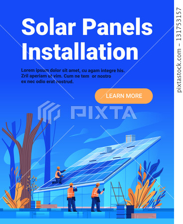 Solar panels installation workers mounting rooftop photovoltaic system modern house outdoor blue background website banner Solar panels installation workers mounting rooftop photovoltaic system modern house outdoor blue background website banner 131753157