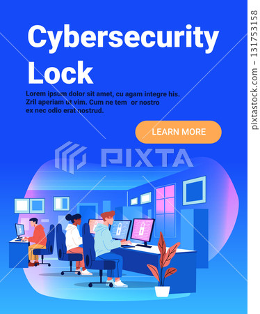 Cybersecurity lock office workers computer security team monitoring digital screens modern workspace blue gradient background landing page 131753158