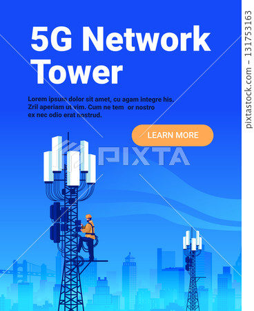 5G network tower engineer maintenance city skyline worker climbing telecommunication antenna blue background urban landscape banner 131753163