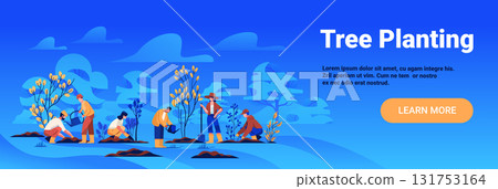 Tree planting environmental conservation people planting saplings watering trees blue landscape background web banner template Tree planting environmental conservation people planting saplings watering trees blue landscape background web banner template 131753164