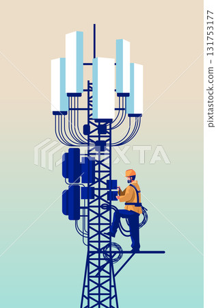 Telecommunication tower maintenance worker climbing inspecting equipment cables safety gear gradient background 131753177
