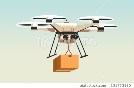 Drone delivery service aerial package shipping quadcopter flying with cardboard box isolated on light gradient background technology concept Drone delivery service aerial package shipping quadcopter flying with cardboard box isolated on light gradient background technology concept 131753180