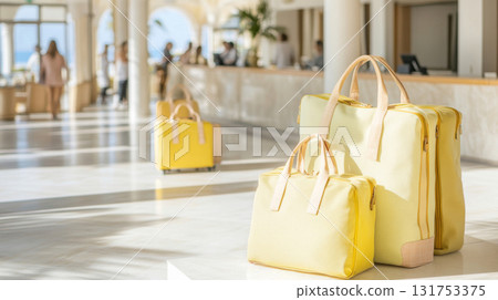 Luxury handbags displayed in elegant hotel lobby with blurred guests in background Luxury handbags displayed in elegant hotel lobby with blurred guests in background 131753375