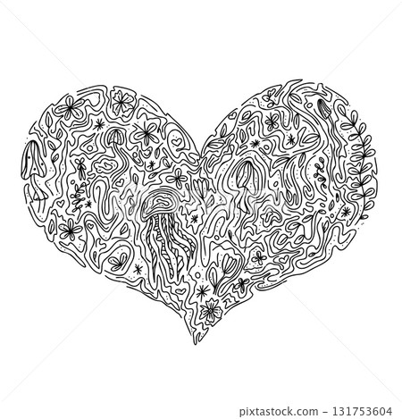 Silhouette of heart lace flowers, leaves, mushrooms, dots, monograms ink graphic. Vector graphic illustration 131753604