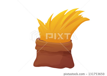 Hay bale and straw in sack, bag. Rural farming elements like hayricks, corn crops, rake, and wheelbarrow. Flat vector set for agriculture, pasture, or ranch use. Isolated on white. 131753650