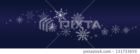 White snowflake wave border. Snow holiday winter decoration on dark background. Falling snow, garland, star ornament. Flake design element, decoration. White snowflake wave border. Snow holiday winter decoration on dark background. Falling snow, garland, star ornament. Flake design element, decoration. 131753659