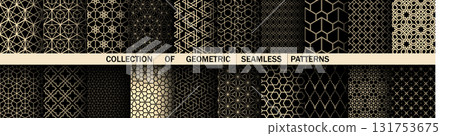 Geometric set of seamless black and golden patterns. Simple vector graphics 131753675