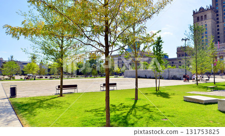 Warsaw, Poland. 15 August 2025. Central Square is the space in front of the main entrance to the Palace of Culture, next to the Museum of Modern Art. Warsaw, Poland. 15 August 2025. Central Square is the space in front of the main entrance to the Palace of Culture, next to the Museum of Modern Art. 131753825