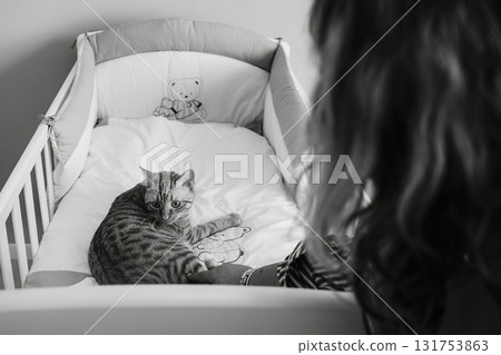 Cat Relaxing in a Crib Prepared for a Newborn Arrival Cat Relaxing in a Crib Prepared for a Newborn Arrival 131753863