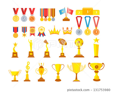 Collection of trophy cupsCartoon flat vector isolated on white background,gold, silver and bronze medals and cups for winners.Vector illustrations. 131753980