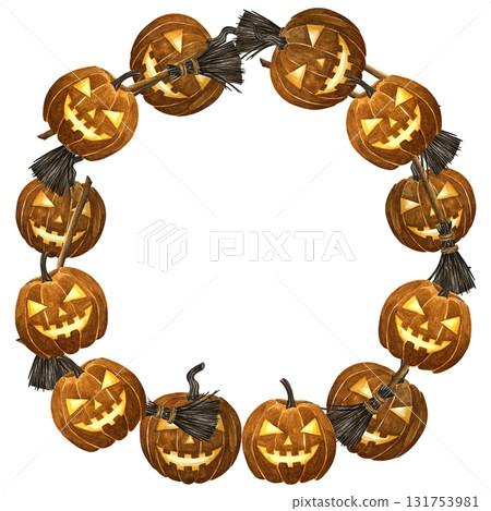 Helloween wreath design template print with orange pumpkin, raven and broom. Watercolor Halloween illustration. October harvest background. Organic vegetable garden food. Nature design. Fall season. Helloween wreath design template print with orange pumpkin, raven and broom. Watercolor Halloween illustration. October harvest background. Organic vegetable garden food. Nature design. Fall season. 131753981