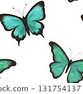 Delicate blue and green butterflies on a white background, seamless pattern 131754137
