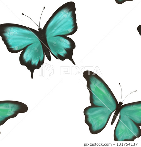 Delicate blue and green butterflies on a white background, seamless pattern 131754137