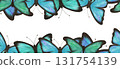Turquoise, blue and green butterflies, gentle, airy, flying. Watercolor digital illustration.Seamless border on a white background 131754139