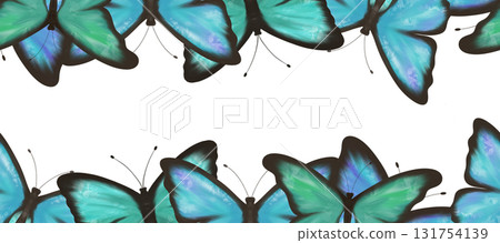 Turquoise, blue and green butterflies, gentle, airy, flying. Watercolor digital illustration.Seamless border on a white background 131754139