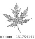 Silhouette intricate Line Art Maple Leaf of lace flowers, leaves, mushrooms, dots, monograms ink graphic. Vector graphic 131754141