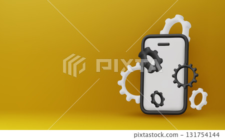 Creative 3D illustration of a smartphone with gear wheels. Concept for settings, app development, mobile optimization, and modern technology solutions. 131754144