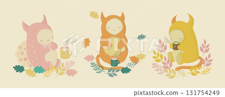 Cartoon monsters are enjoying a tea party in the woods, a cozy picnic Cartoon monsters are enjoying a tea party in the woods, a cozy picnic 131754249