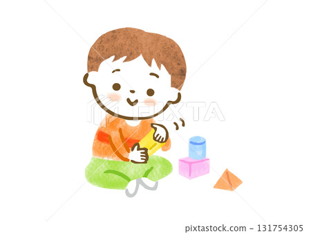 手繪插圖：一個男孩在玩積木 131754305