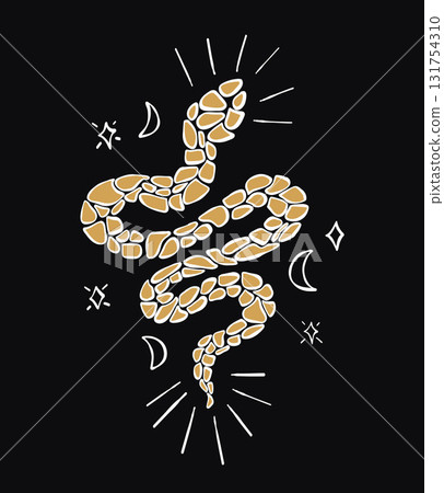 Mystical Snake. Gold Astrology Reptile on Black Background. Textured Hand Drawing Doodle. Vector Illustration. Not AI 131754310