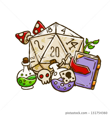 Fantasy magic dice. D20 sorcerer with potion and book. Dnd wizard design, wizard role play game. Cartoon strategy sticker Fantasy magic dice. D20 sorcerer with potion and book. Dnd wizard design, wizard role play game. Cartoon strategy sticker 131754360