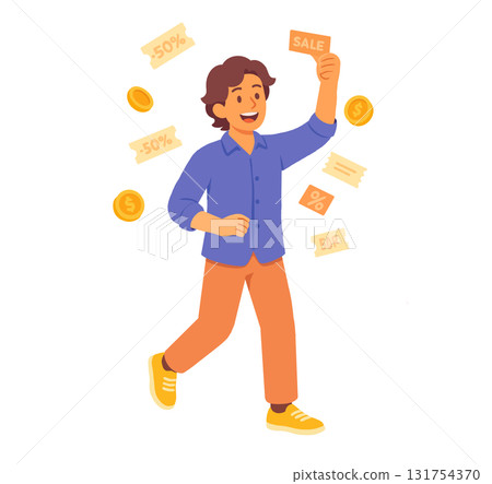 Illustration of people holding tickets and coins during shopping season Illustration of people holding tickets and coins during shopping season 131754370
