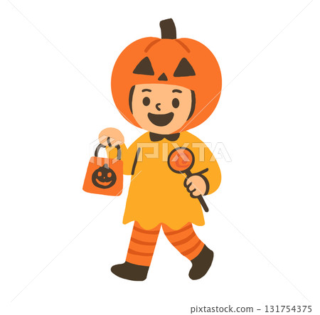 Illustration of a child wearing a pumpkin costume 131754375