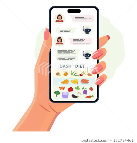Hand holding smartphone displaying DASH diet information and chatbot conversation Hand holding smartphone displaying DASH diet information and chatbot conversation 131754461