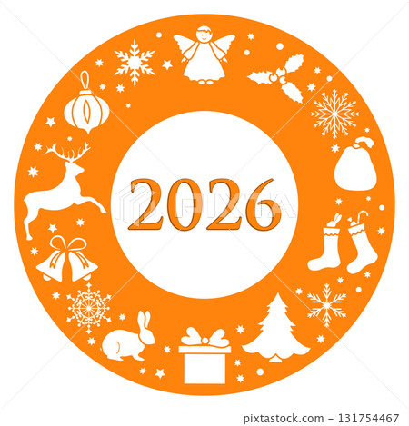 Christmas 2026 orange circular design with holiday symbols and central text background 131754467