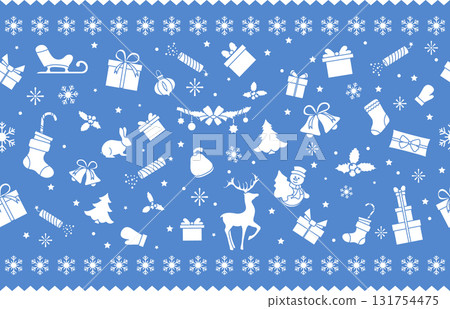 Christmas holiday pattern with white icons on blue background, including gifts and snowflakes 131754475