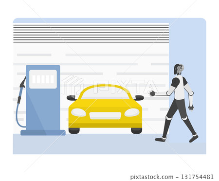 Robot charging an electric car at a station, showcasing futuristic transportation concept 131754481