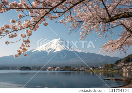 fuji mountain with lake and sakura blossom trees 131754504