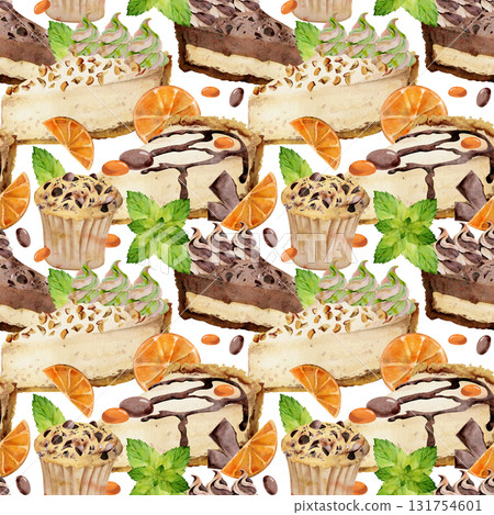 Cheesecake with chocolate ganache drizzle and citrus garnish, orange muffin with mint candy hand painted in watercolor. Isolated seamless pattern for cookbooks, branding packs, dessert blog background 131754601