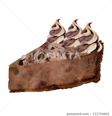 Chocolate fudge cheesecake, truffle cake slice with whipped cream, meringue zephyr swirls, cocoa chips topping. Watercolor hand painted illustration. Food journal, patisserie branding, artistic cards. 131754602