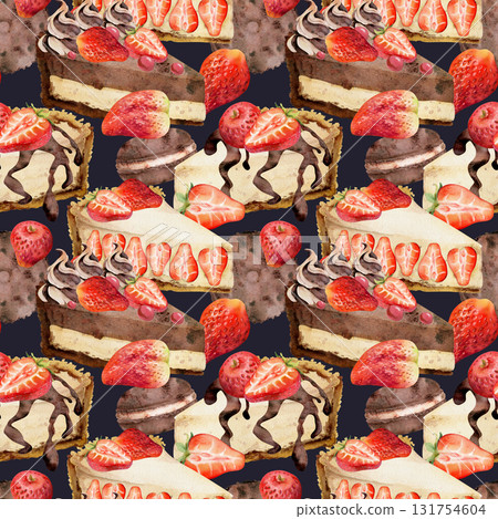 Strawberry cheesecake with chocolate ganache syrup drizzle, cocoa macaron hand painted in watercolor. Isolated on dark. Seamless culinary pattern design, digital fabric prints, baking kits and cards. Strawberry cheesecake with chocolate ganache syrup drizzle, cocoa macaron hand painted in watercolor. Isolated on dark. Seamless culinary pattern design, digital fabric prints, baking kits and cards. 131754604