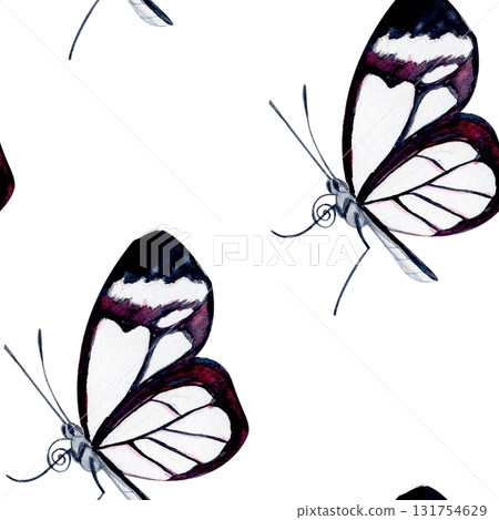 Elegant black and white butterfly with violet details. Hand-painted watercolor seamless pattern isolated on white. Perfect for nature designs, stationery, fabric, packaging, and botanical projects 131754629