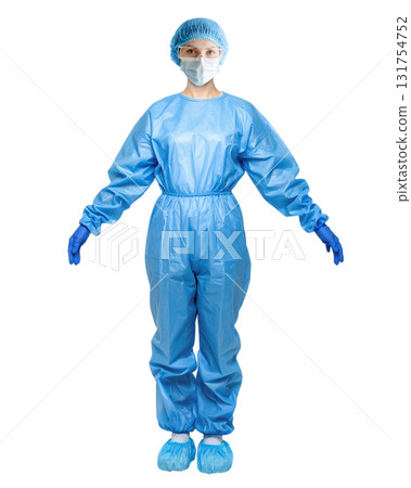 Female medic in a disposable medical protective coverall 131754752