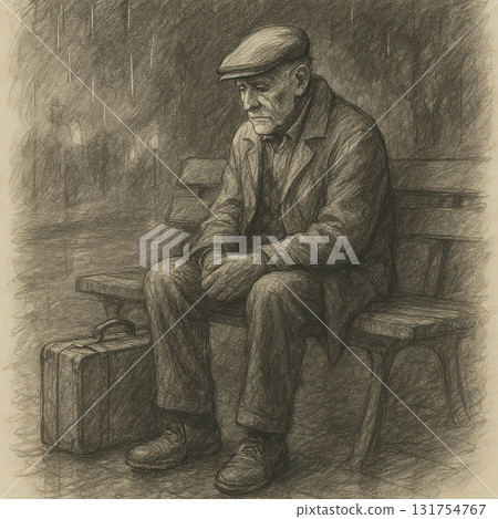 雨中漫步歸來 | 鉛筆素描風格 | 老人盒子裡的孤獨時光 131754767