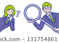 Illustration material of a male student holding a magnifying glass and a female student with a question popping out from the side 131754861