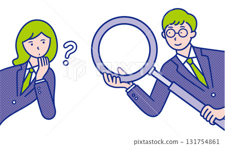 Illustration material of a male student holding a magnifying glass and a female student with a question popping out from the side Illustration material of a male student holding a magnifying glass and a female student with a question popping out from the side 131754861