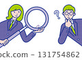 Illustration material of a female student holding a magnifying glass and a male student with a question popping out from the side 131754862