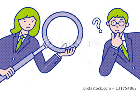 Illustration material of a female student holding a magnifying glass and a male student with a question popping out from the side 131754862