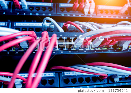 Network switch and ethernet cables in red and white colors. Data Center 131754941