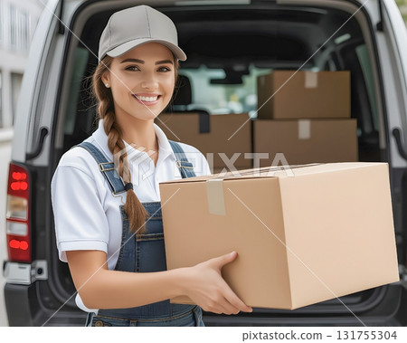 Delivery service girl with a cardboard box 131755304
