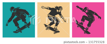 Set of modern posters with skaters jumping with skateboards. Street activity for teenagers. Illustrations, print design. 131755328